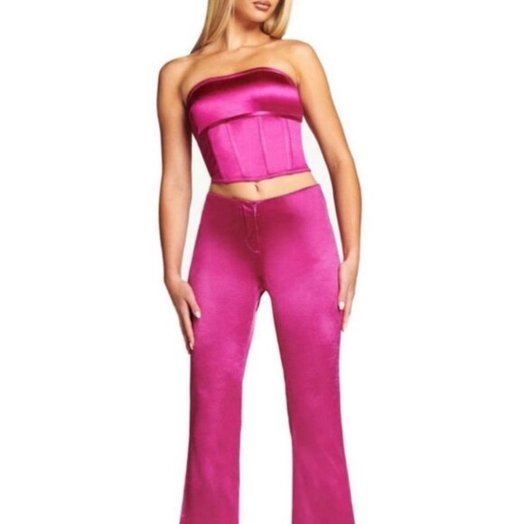 I AM GIA Fuchsia Satin Strapless Bustier Top Flare Pants Two Piece Set - Small - Picture 2 of 8